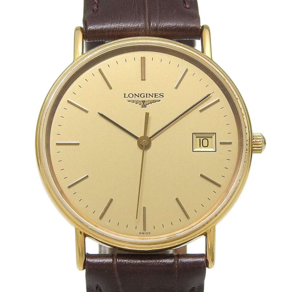 Longines L4 636 2 Gold Dial GP/Leather Quartz Battery Men's Watch Approx. 32m...